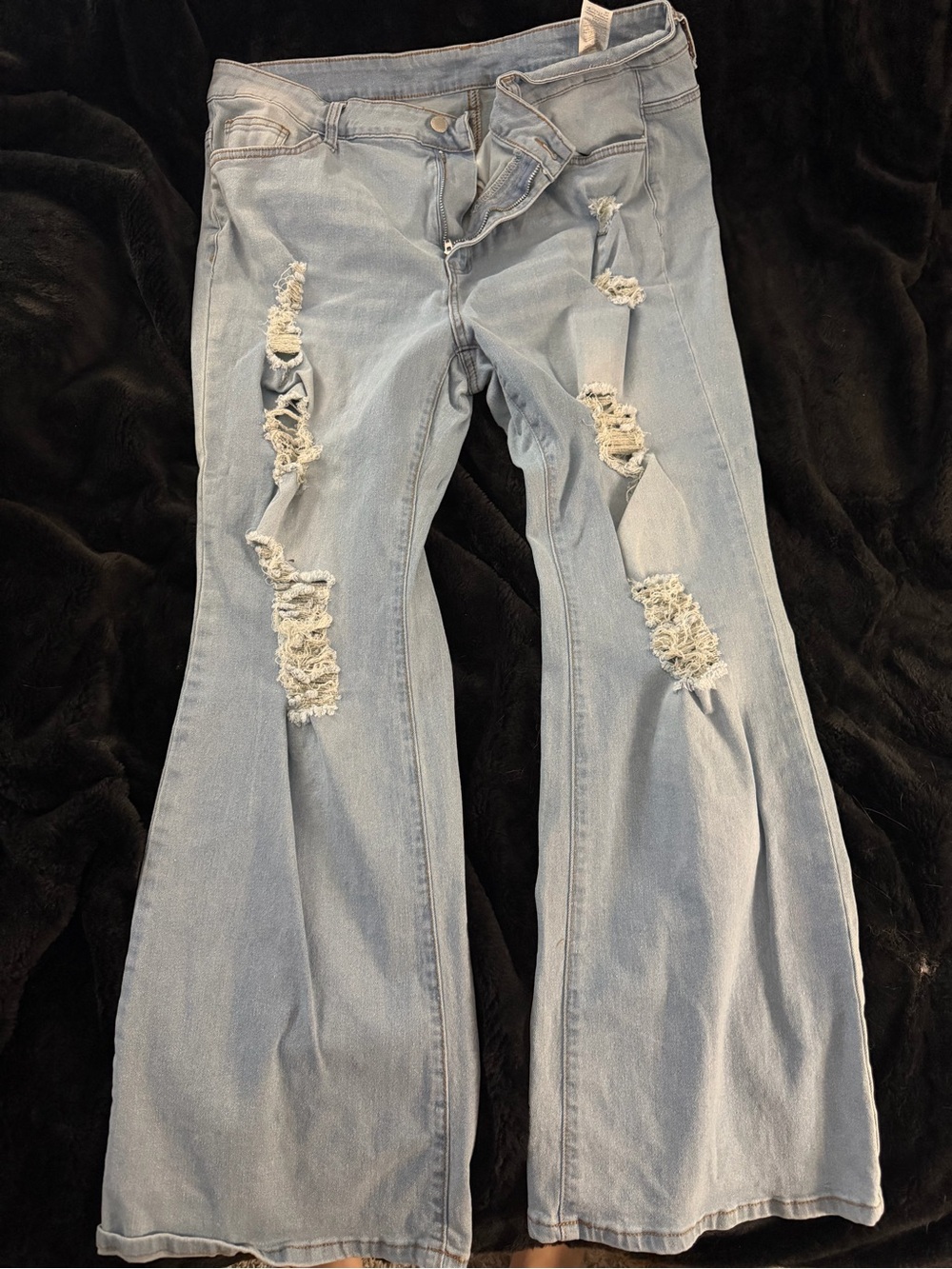 SHEIN Light Blue Distressed Flare Jeans - Ripped Detail